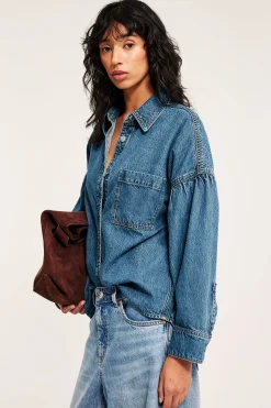 Farkkupaita drapeeratuilla hihoilla | Denim | Naiset | Kappahl