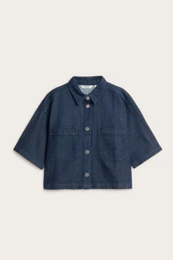 Kalanruotokuvioinen lyhythihainen paita | Tumma denim | Naiset | Kappahl