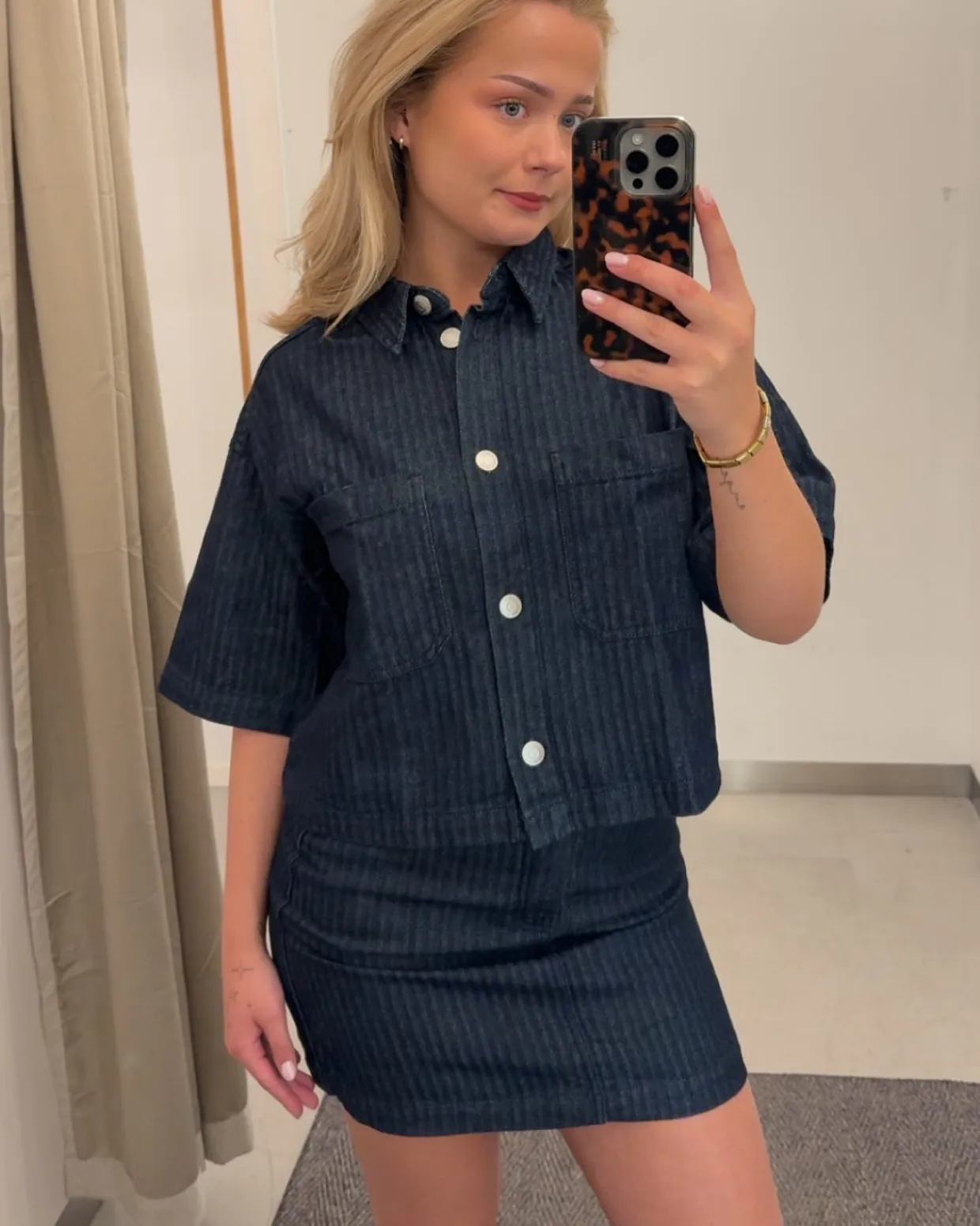 Kalanruotokuvioinen lyhythihainen paita | Tumma denim | Naiset | Kappahl