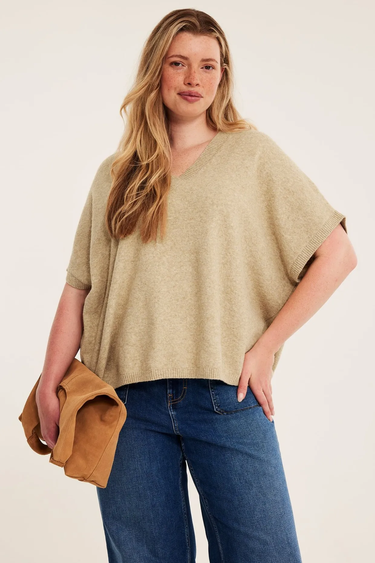 Lyhythihainen neulepusero | Meleerattu beige | Naiset | Kappahl