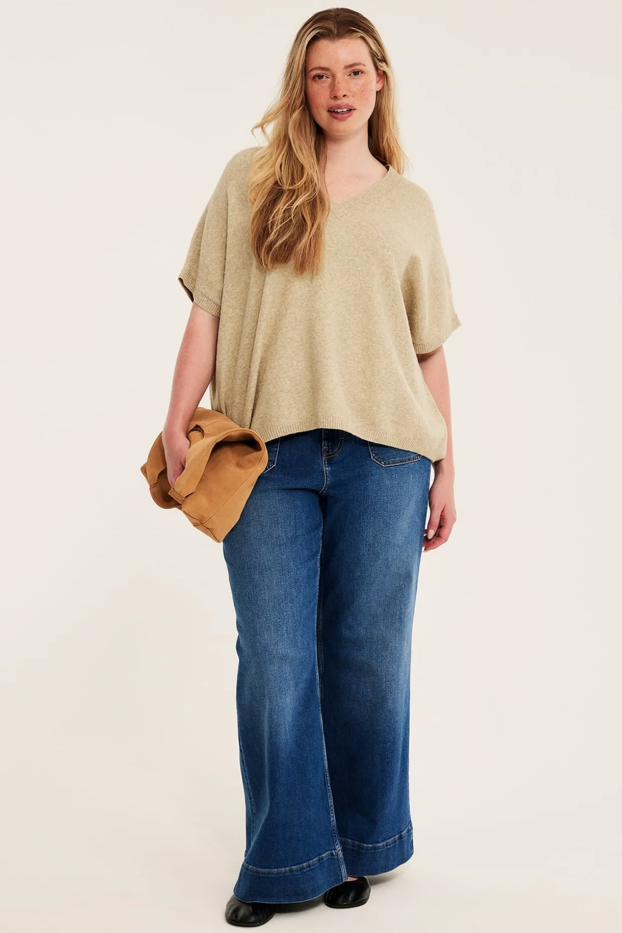 Lyhythihainen neulepusero | Meleerattu beige | Naiset | Kappahl