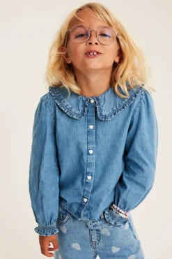 Puuvilladenimistä valmistettu paitapusero, jossa on röyhelökaulus | Denim | Lapset | Kappahl