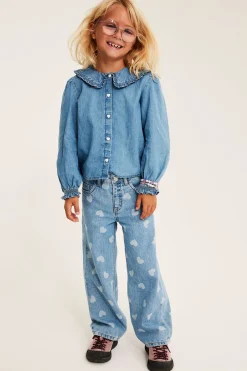 Puuvilladenimistä valmistettu paitapusero, jossa on röyhelökaulus | Denim | Lapset | Kappahl