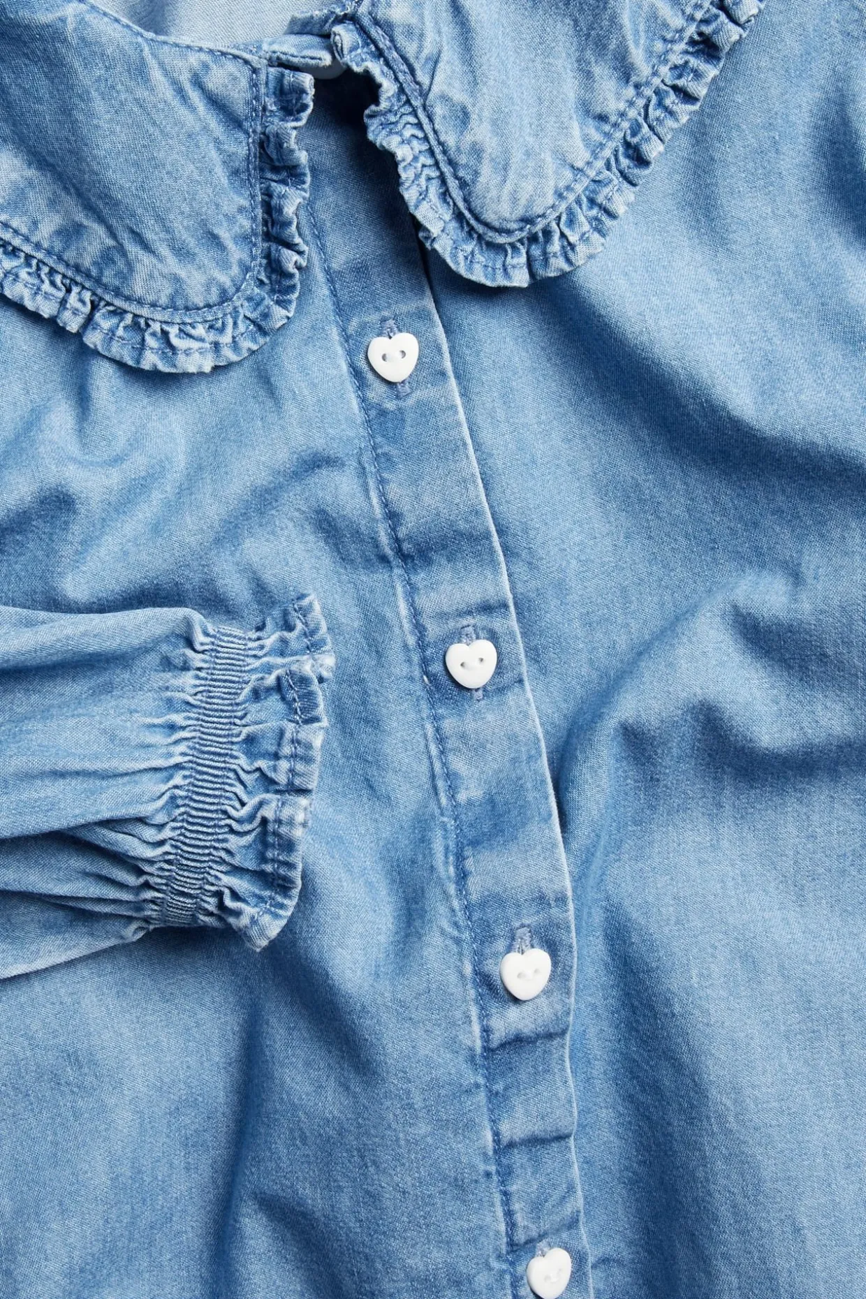 Puuvilladenimistä valmistettu paitapusero, jossa on röyhelökaulus | Denim | Lapset | Kappahl