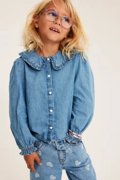 Puuvilladenimistä valmistettu paitapusero, jossa on röyhelökaulus | Denim | Lapset | Kappahl