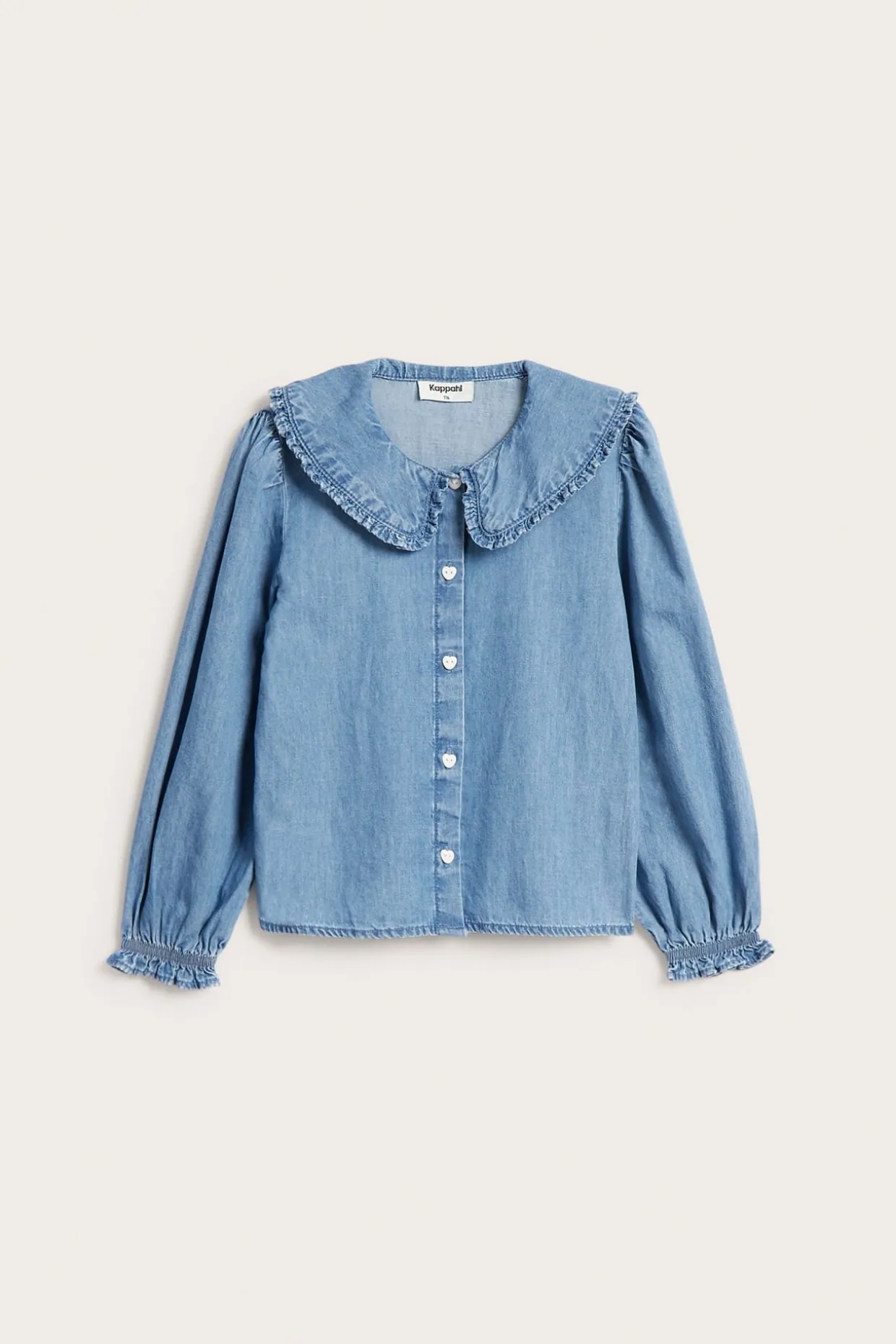 Puuvilladenimistä valmistettu paitapusero, jossa on röyhelökaulus | Denim | Lapset | Kappahl