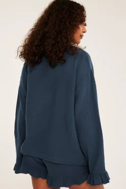 Pyjamashortsit musliinista | Tummansininen | Naiset | Kappahl