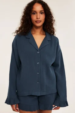 Pyjamashortsit musliinista | Tummansininen | Naiset | Kappahl
