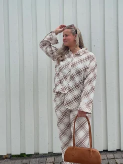 Ruutukuvioiset housut viskoosisekoitteesta | Beige | Naiset | Kappahl